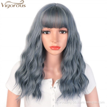 Vigorous Natural Wave Wig with Bangs Blue or Black Long Wavy Synthetic Wigs for Women Heat Resistant Fiber Hair